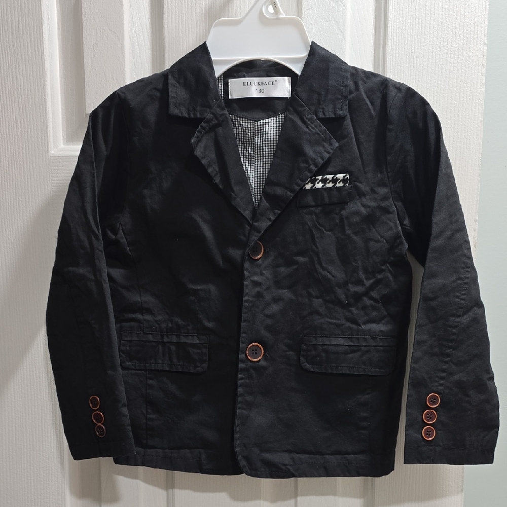 Kids Black Blazer with Patterned Pocket Square